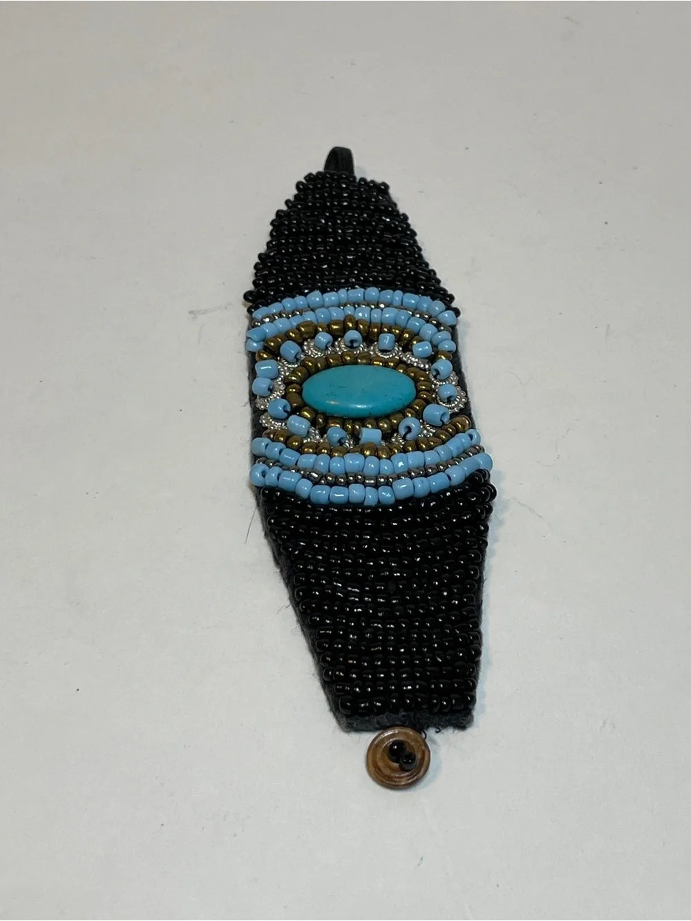 Handmade Seed Bead Beaded Cuff Bracelet Boho Style, Black, Teal, Copper Tones